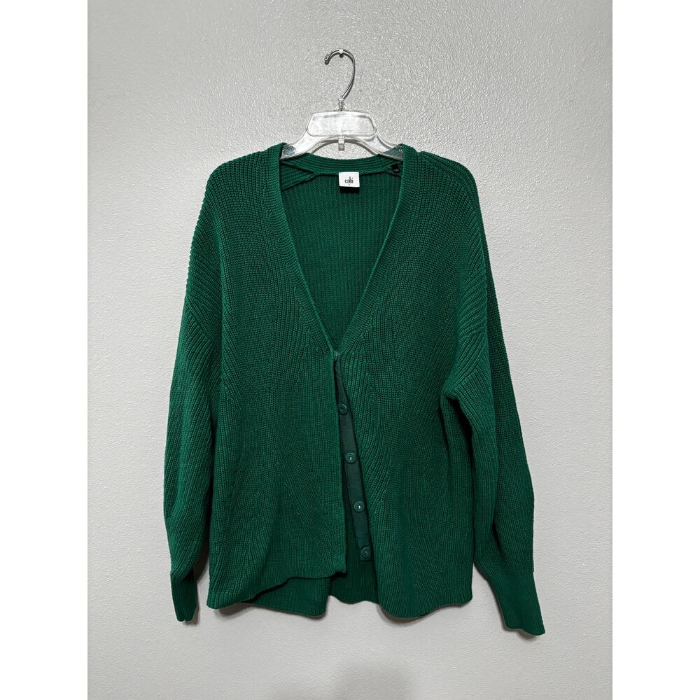 CABI Green Chunky Knit Button Up Balloon Sleeve Sweater Size L